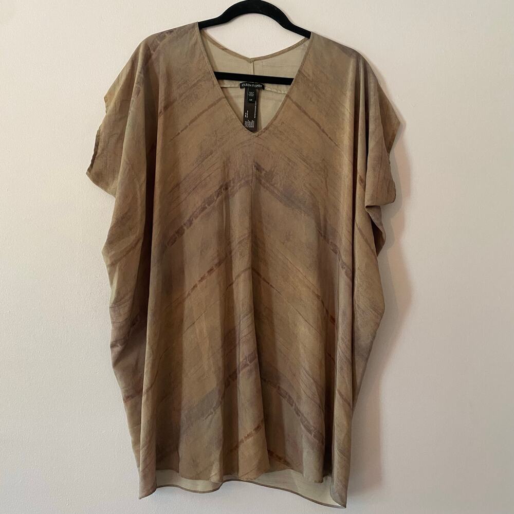 Eileen Fisher Gray Green Silk V-neck Oversized Sheer Top Flowy Women size Small